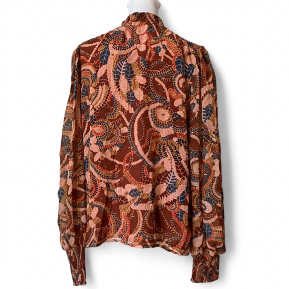 A.L.C. Silk Chiffon Metallic Thread Ginger Botanical Print Keyhole Blouse size 6 - Picture 4 of 10